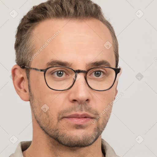 Neutral white adult male with short  brown hair and grey eyes