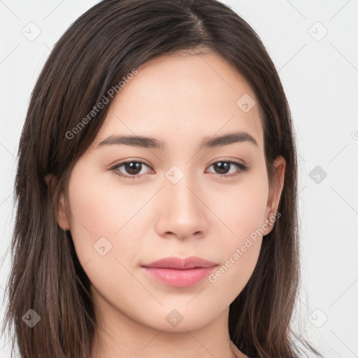 Neutral white young-adult female with long  brown hair and brown eyes