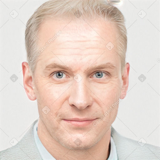 Joyful white adult male with short  brown hair and blue eyes