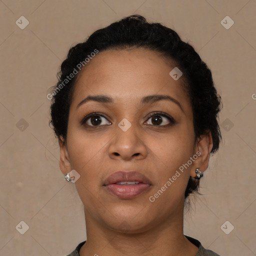 Neutral latino young-adult female with short  brown hair and brown eyes