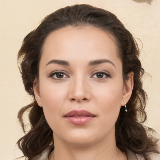 Neutral white young-adult female with medium  brown hair and brown eyes