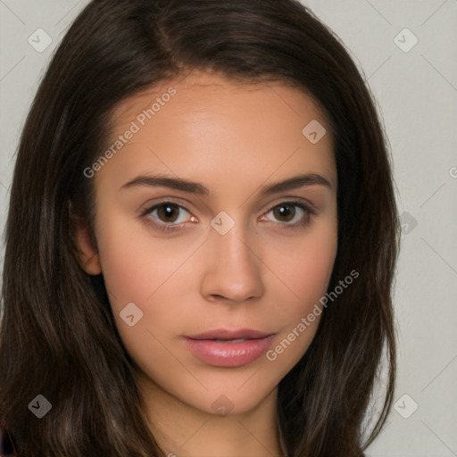 Neutral white young-adult female with long  brown hair and brown eyes