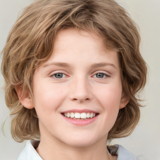 Joyful white young-adult female with medium  brown hair and green eyes