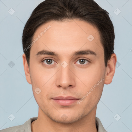 Neutral white young-adult male with short  brown hair and brown eyes