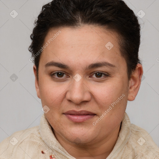 Joyful white young-adult female with short  brown hair and brown eyes