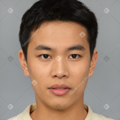 Neutral asian young-adult male with short  brown hair and brown eyes