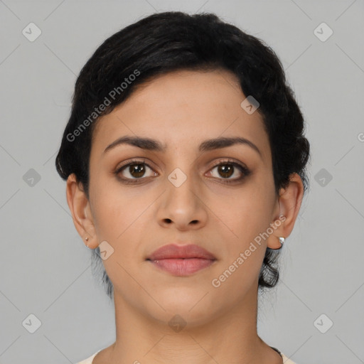 Neutral latino young-adult female with short  black hair and brown eyes