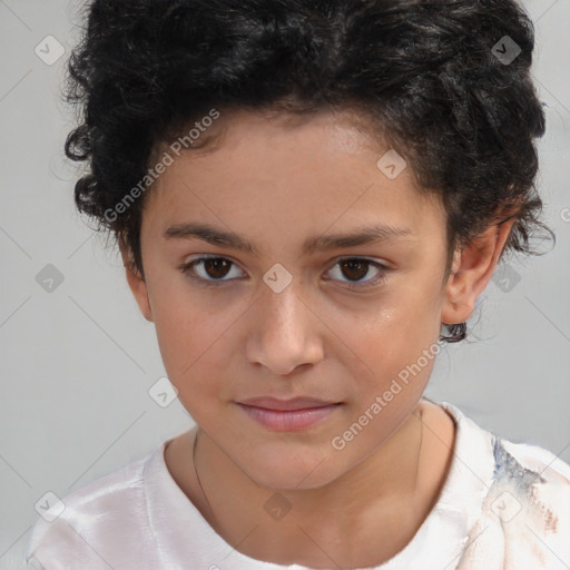 Joyful white child female with short  brown hair and brown eyes