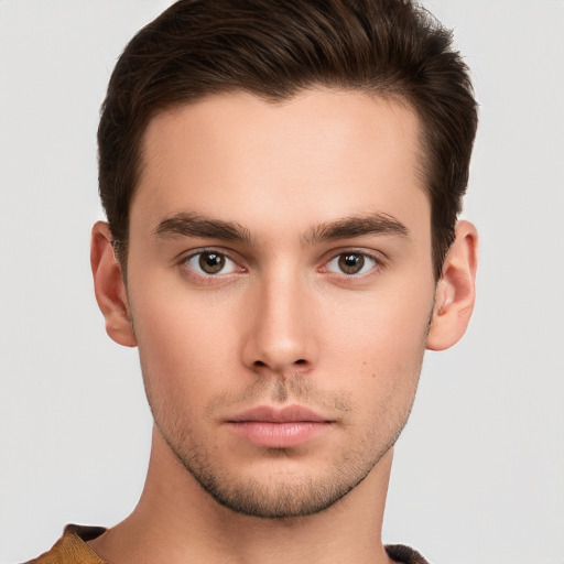 Neutral white young-adult male with short  brown hair and brown eyes