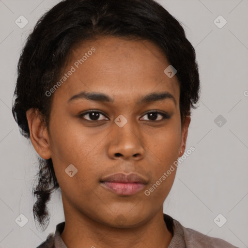 Neutral black young-adult female with short  brown hair and brown eyes