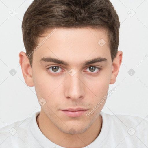 Neutral white young-adult male with short  brown hair and brown eyes