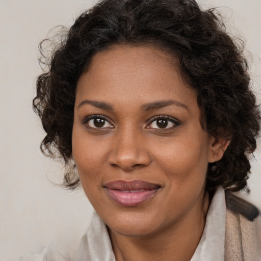 Joyful black young-adult female with medium  brown hair and brown eyes