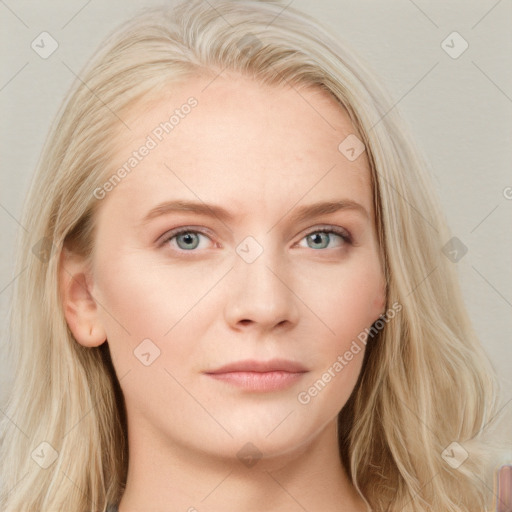 Neutral white young-adult female with long  blond hair and blue eyes