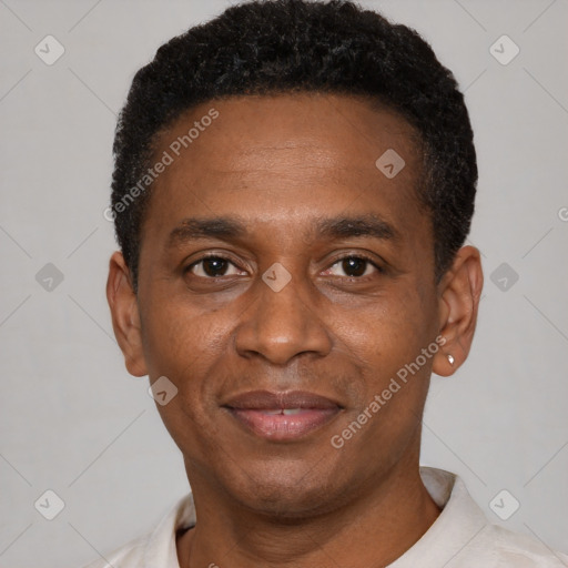 Joyful latino adult male with short  black hair and brown eyes