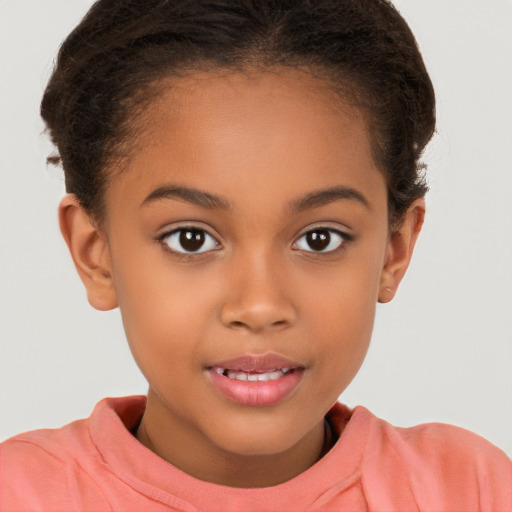 Joyful white child female with short  brown hair and brown eyes