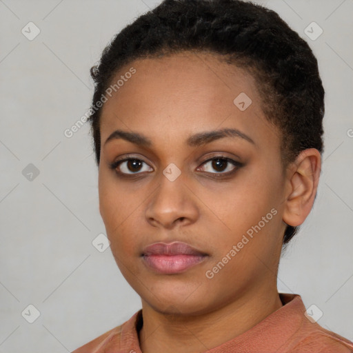 Neutral black young-adult female with short  black hair and brown eyes