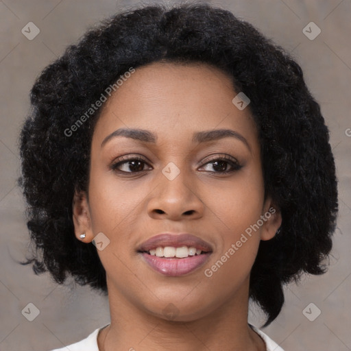 Joyful latino young-adult female with medium  black hair and brown eyes