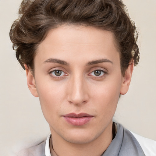 Neutral white young-adult female with short  brown hair and brown eyes