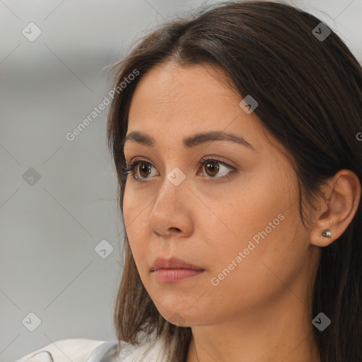 Neutral white young-adult female with medium  brown hair and brown eyes