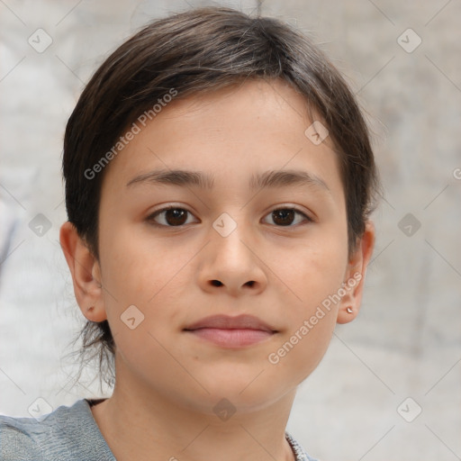 Joyful white child female with short  brown hair and brown eyes