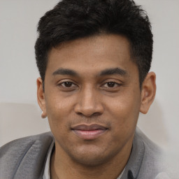 Joyful latino young-adult male with short  black hair and brown eyes