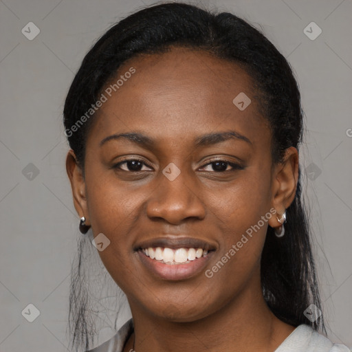 Joyful black young-adult female with medium  black hair and brown eyes