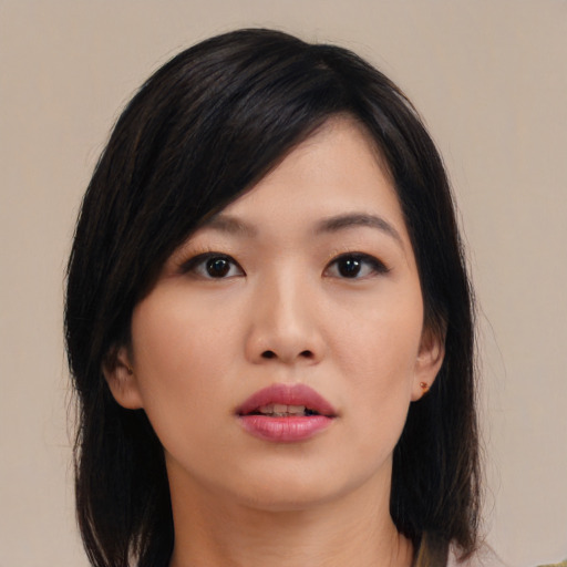 Neutral asian young-adult female with medium  black hair and brown eyes