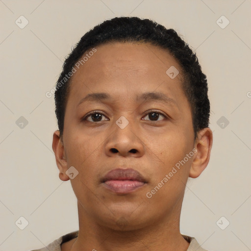 Neutral black young-adult male with short  black hair and brown eyes