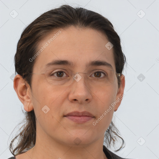 Joyful white young-adult male with medium  brown hair and brown eyes