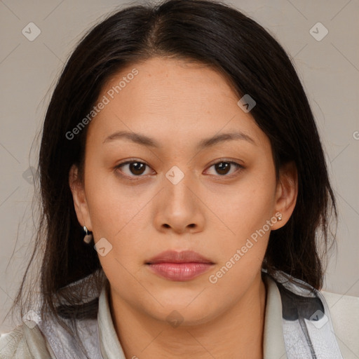 Neutral asian young-adult female with medium  brown hair and brown eyes