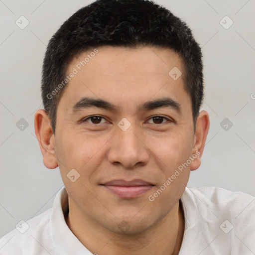 Joyful latino young-adult male with short  brown hair and brown eyes