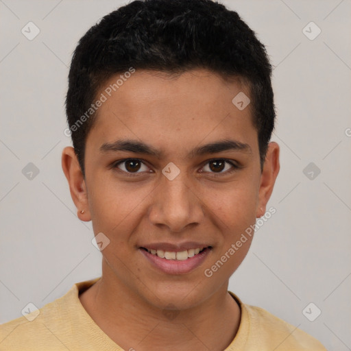 Joyful latino young-adult male with short  brown hair and brown eyes