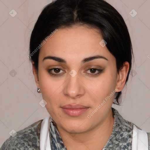 Joyful white young-adult female with medium  black hair and brown eyes