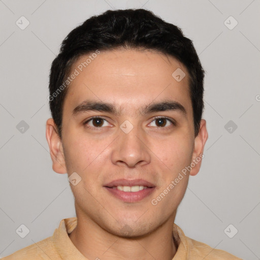 Joyful white young-adult male with short  black hair and brown eyes