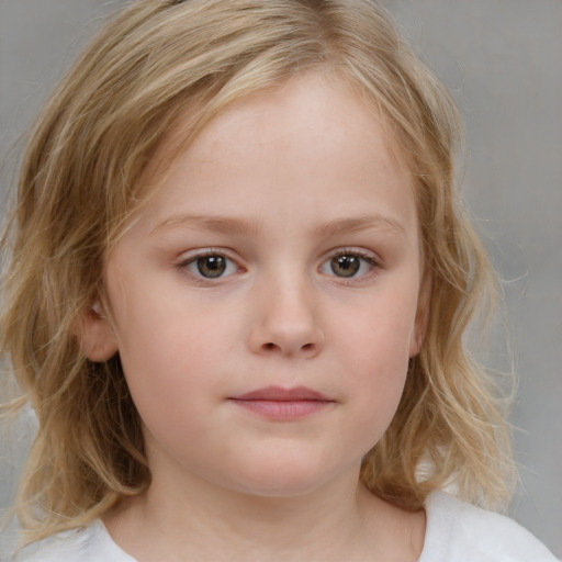 Neutral white child female with medium  brown hair and blue eyes