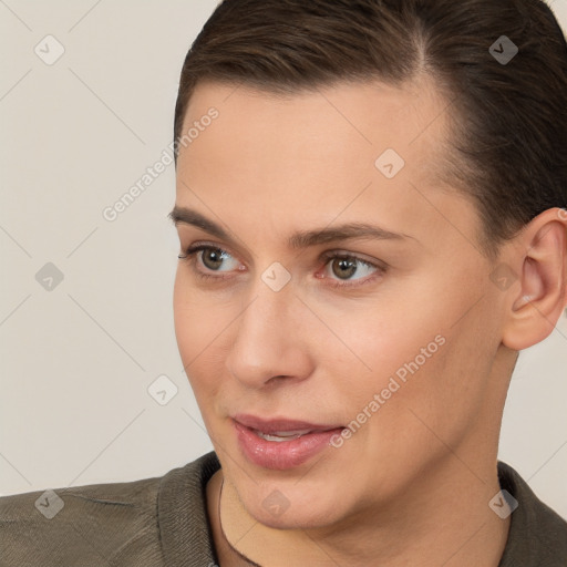 Neutral white young-adult female with short  brown hair and brown eyes