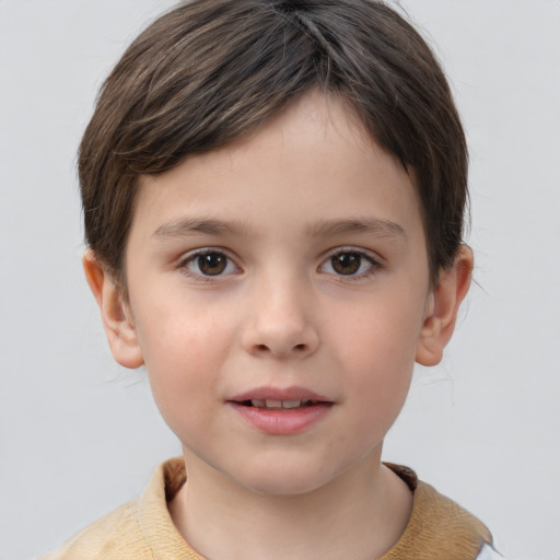 Joyful white child female with short  brown hair and brown eyes