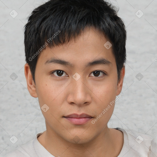 Neutral asian young-adult male with short  brown hair and brown eyes