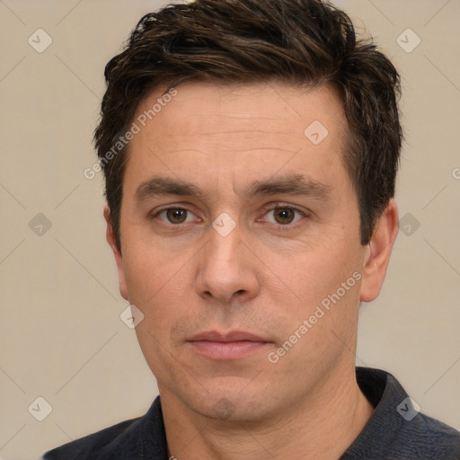 Neutral white adult male with short  brown hair and brown eyes