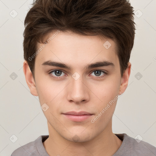 Neutral white young-adult male with short  brown hair and brown eyes