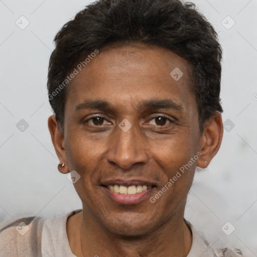 Joyful black adult male with short  black hair and brown eyes