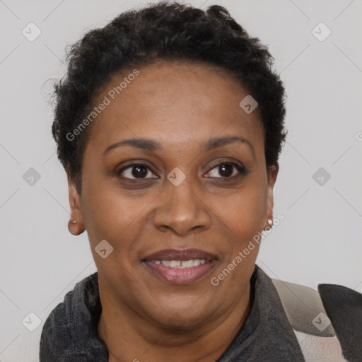 Joyful black adult female with short  brown hair and brown eyes