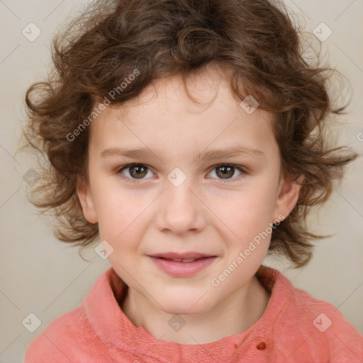 Joyful white child female with medium  brown hair and brown eyes