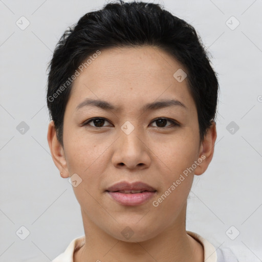 Joyful asian young-adult female with short  black hair and brown eyes