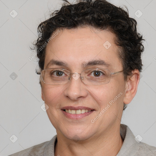 Joyful white adult female with short  brown hair and brown eyes