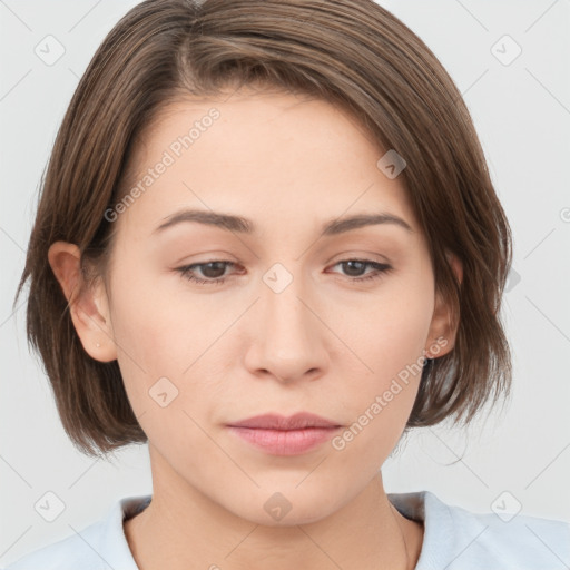 Neutral white young-adult female with medium  brown hair and brown eyes