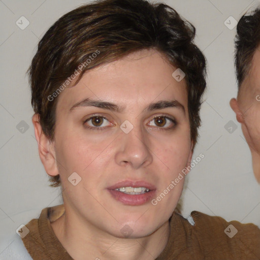 Joyful white young-adult female with medium  brown hair and brown eyes