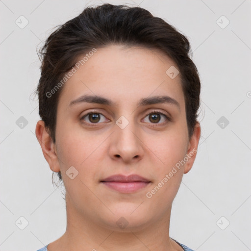 Neutral white young-adult female with short  brown hair and brown eyes