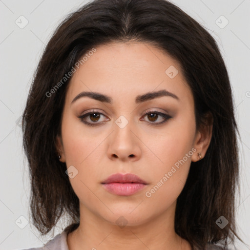 Neutral white young-adult female with medium  brown hair and brown eyes