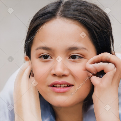 Joyful white child female with medium  brown hair and brown eyes